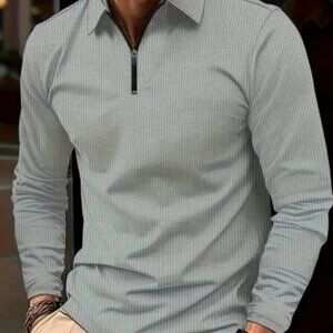 Brand New - Men's Casual Waffle Knit Shirt - Long Sleeve, Half-Zip Lapel Collar